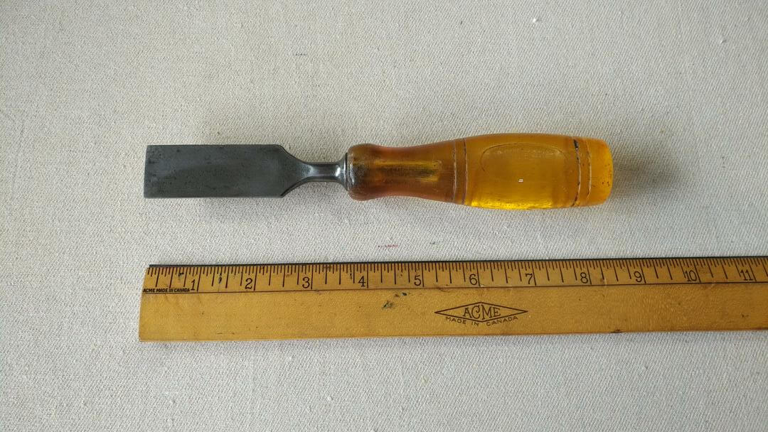 Vintage WM Marples & Sons 1" Shamrock tang chisel w shatterproof handle. Antique made in Sheffield England carpentry and woodworking edge hand tools.