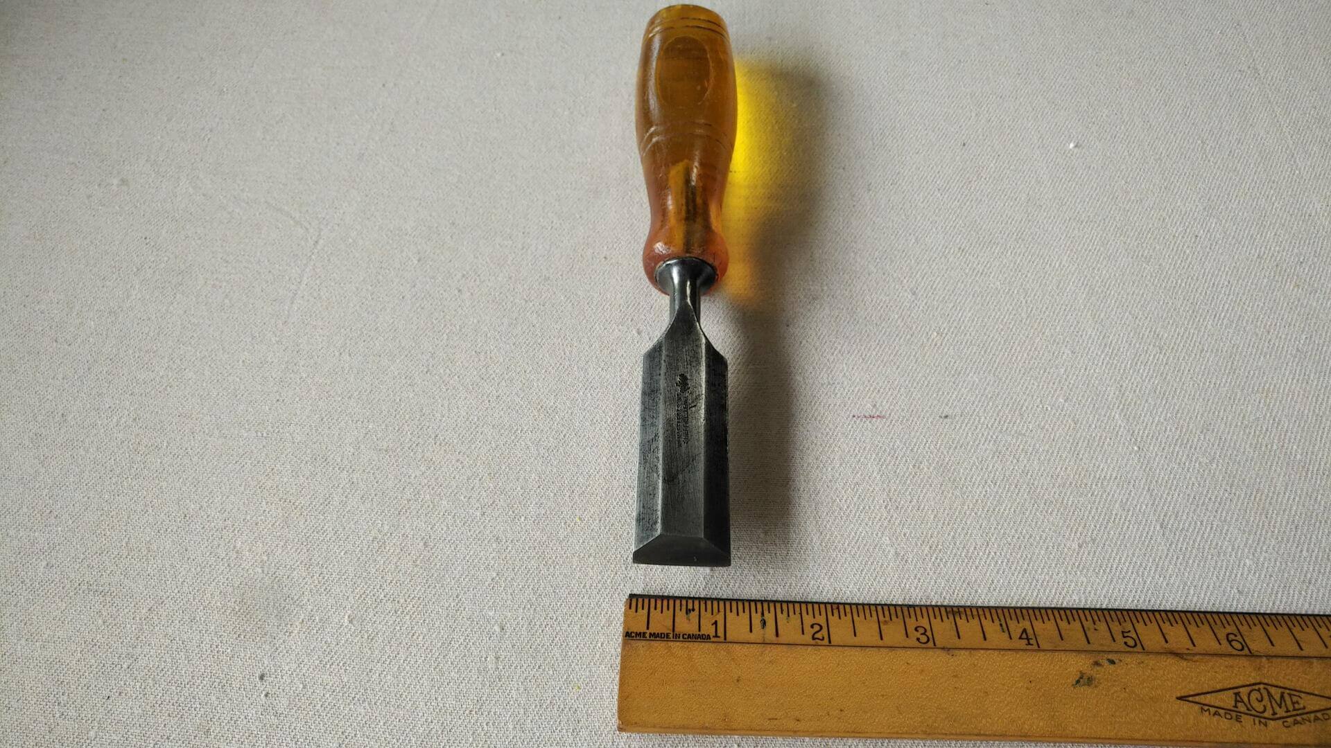 Vintage WM Marples & Sons 1" Shamrock tang chisel w shatterproof handle. Antique made in Sheffield England carpentry and woodworking edge hand tools.