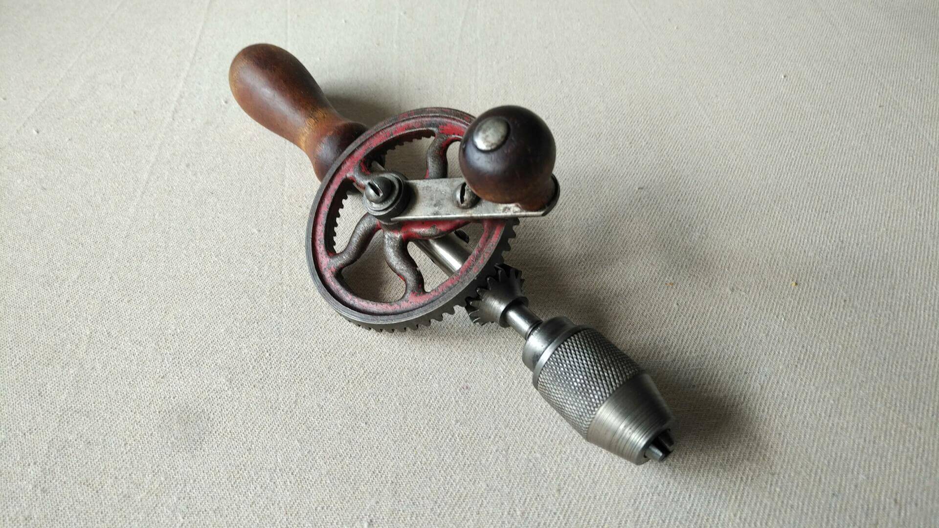Vintage egg beater style manual woodworking push drill with the beautiful wooden handle 10 inches long. Antique collectible carpentry hand tools