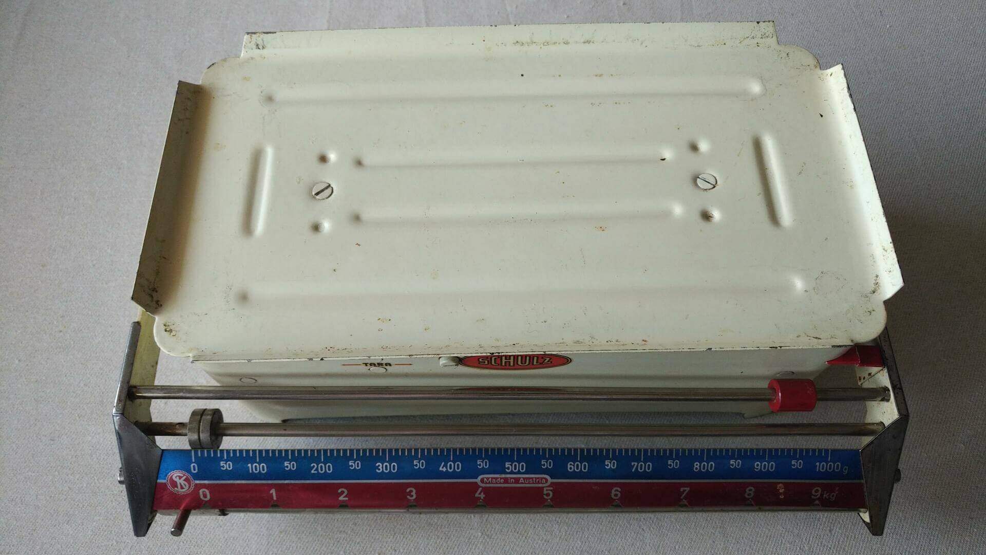 Rare vintage mechanic kitchen balance scale by Schulz Karl Wein. Antique made in Austria collectible weight measuring tools and gadgets