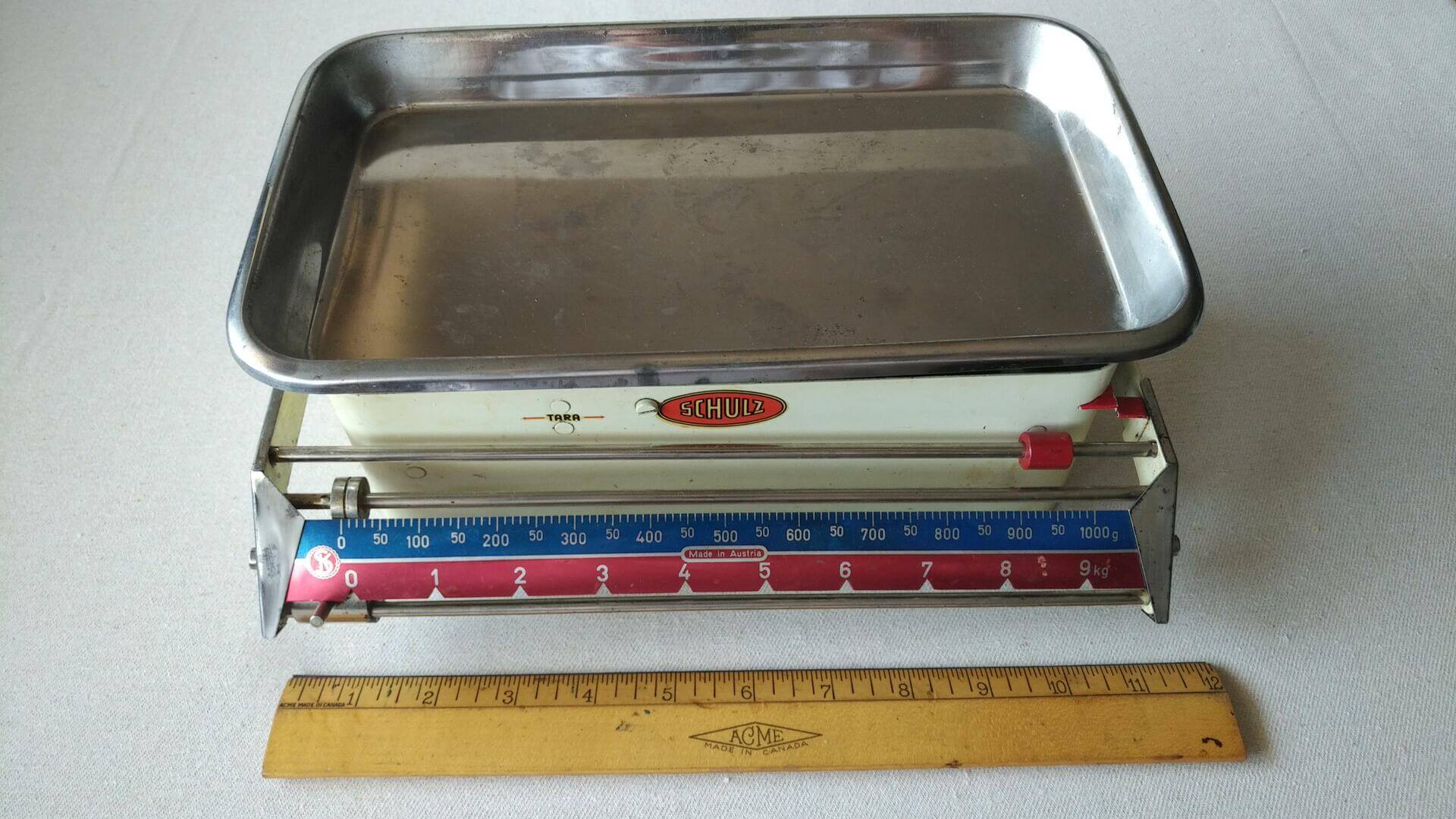 Rare vintage mechanic kitchen balance scale by Schulz Karl Wein. Antique made in Austria collectible weight measuring tools and gadgets